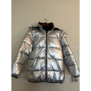 Express Metallic Silver Reversible Black Hooded Full Zip Shiny Puffer Coat SZ M